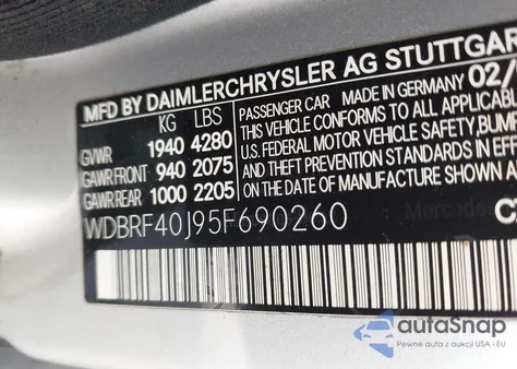 2005 Mercedes-Benz C 230 Kompressor Sport z USA, uszkodzony, nr VIN WDBRF40J95F690260